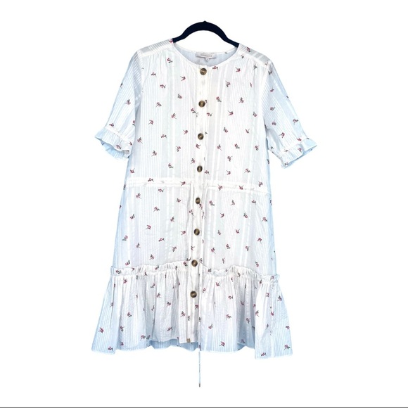 Olivaceous Dress Small Midi Button Front Drawstring Lined Waist Floral White New - Picture 2 of 14